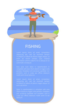 Guy and Fresh Fish Catch Fishery Vector Poster