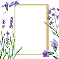 Purple lavender flowers. Watercolor background. Gold crystal frame square. Stone polyhedron mosaic shape.