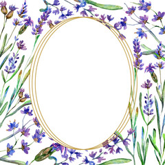 Purple lavender. Floral botanical flower. Watercolor background illustration set. Round frame border.