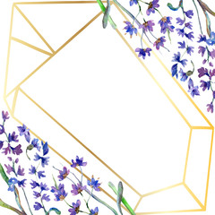 Obraz premium Purple lavender flowers. Watercolor background. Gold crystal frame border. Stone polyhedron mosaic shape.