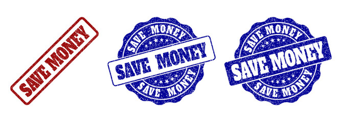 SAVE MONEY grunge stamp seals in red and blue colors. Vector SAVE MONEY labels with grainy style. Graphic elements are rounded rectangles, rosettes, circles and text labels.