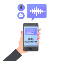 Voice recognition and voice message, voice typing concept. Female hand with smartphone with Voice recognition mobile app. Microphone and soundwave. Vector illustration