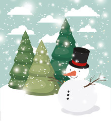 mery christmas card with snowman in snowscape