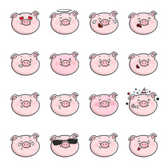Set of emoticon icons. Emoji pigs. Vector isolated illustration.
