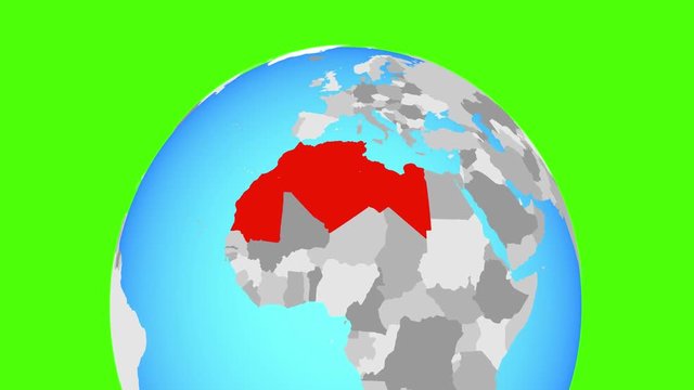 Zooming to Maghreb region on political globe. 3D illustration.