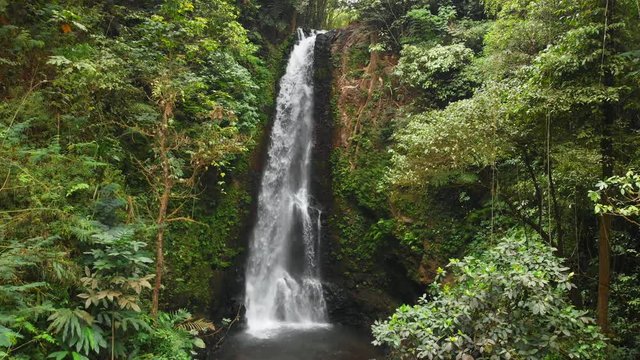 Waterfall and jungle in Bali, Indonesia. aerial view of great waterfall
