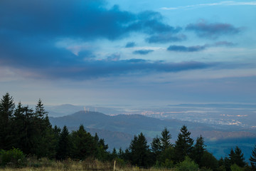 Germany, Blue hour morning mood on Kandel mountain and wide view over elz valley