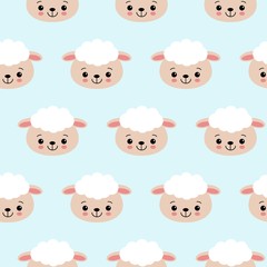 Seamless pattern with cute sheep on blue. Vector background for kids