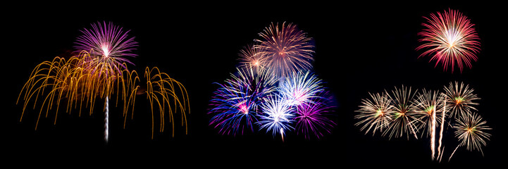 Three of fireworks light up on black background for celebration