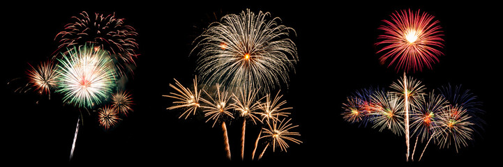 Three of fireworks light up on black background for celebration