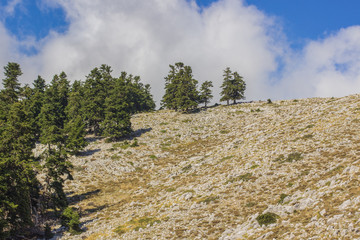 bare dry mountain ridge landscape wilderness highland view on cloudy blue sky background  - Powered by Adobe