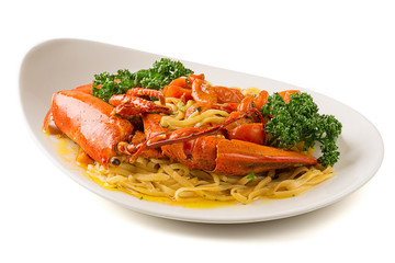 Lobster with spaghetti on white dish