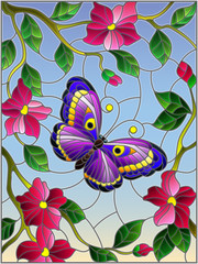 Illustration in stained glass style with a bright butterfly on a background of flowers and sky 