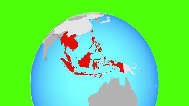 Zooming to ASEAN memeber states on political globe. 3D illustration.