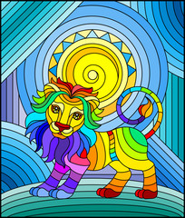 Illustration in stained glass style with funny rainbow lion and sun on abstract background