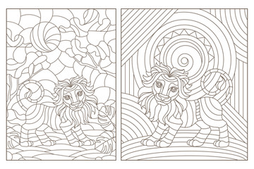Set of contour illustrations of stained glass Windows with lions, dark contours on a white background