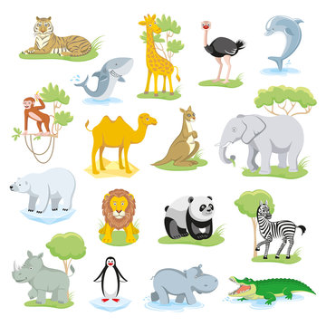 Wild animals and sea creatures set with landscape