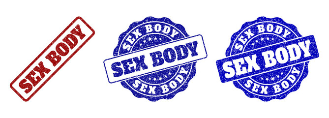 SEX BODY scratched stamp seals in red and blue colors. Vector SEX BODY imprints with scratced effect. Graphic elements are rounded rectangles, rosettes, circles and text labels.