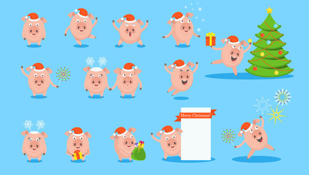 Set of funny merry pig character. For greeting cards and advertising for Christmas and New Year. Flat vector isolated illustration.
