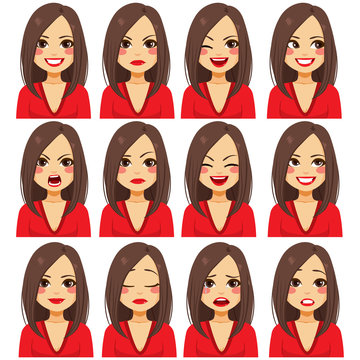 Young Beautiful Brunette Woman With Twelve Different Facial Expressions