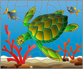 Illustration in stained glass style with sea turtle on the seabed background with algae, fish and stones