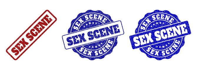 SEX SCENE grunge stamp seals in red and blue colors. Vector SEX SCENE signs with grunge texture. Graphic elements are rounded rectangles, rosettes, circles and text labels.
