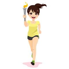 Female athlete torchbearer running holding flaming torch