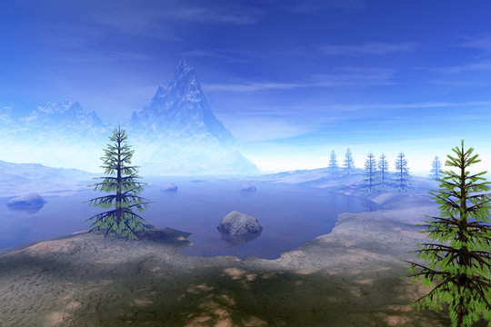 Coniferous trees, a beautiful  landscape, stones in the lake, a snowy mountain and a blue sky.