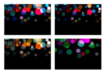 Set of bokeh effect backdrop. Magic Christmas glowing on black background. Shiny blurred glitter. Abstract bright light. Vectors.