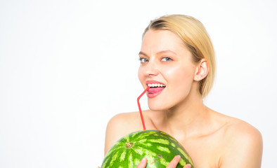 Thirst and water balance. Enjoy natural juice. Girl thirsty attractive nude drink fresh juice whole watermelon cocktail straw white background. Pure pleasure concept. Watermelon vitamin beverage