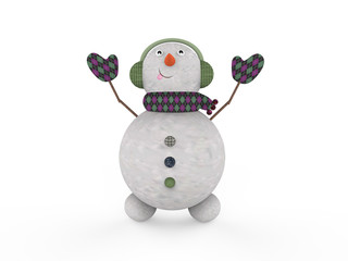 Christmas snowman in a scarf mittens and headphones raises his arms to the sky