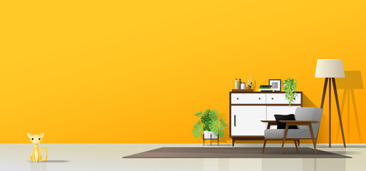 Modern living room with wooden furniture , plants , cat and yellow wall background , vector , illustration