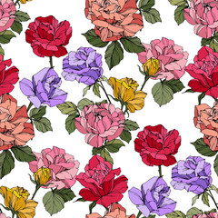 Vector rose flower. Red, yellow and purple engraved ink art. Seamless background pattern. Fabric wallpaper print.