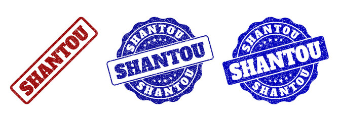 SHANTOU scratched stamp seals in red and blue colors. Vector SHANTOU labels with draft style. Graphic elements are rounded rectangles, rosettes, circles and text titles.