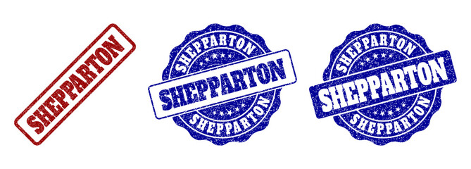 SHEPPARTON grunge stamp seals in red and blue colors. Vector SHEPPARTON marks with scratced effect. Graphic elements are rounded rectangles, rosettes, circles and text labels.