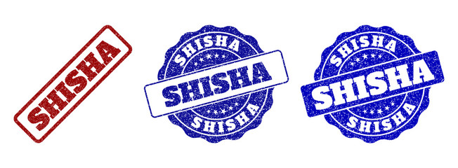 SHISHA scratched stamp seals in red and blue colors. Vector SHISHA labels with grunge effect. Graphic elements are rounded rectangles, rosettes, circles and text labels.