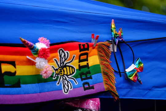 Rainbow coloured scarf at Gay Prode event