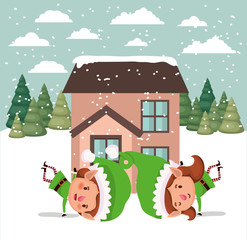 couple santa helpers in snowscape