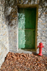 Details of an old stone building with green scraped door, red fire hydrant and fallen autumn leaves on the ground, Diano d'Alba, Piedmont, Italy