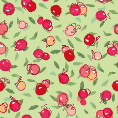 Light green vector repeat pattern with black line art rose plan, buds and dots. Christmas. Surface pattern design.