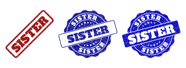 SISTER scratched stamp seals in red and blue colors. Vector SISTER labels with grainy texture. Graphic elements are rounded rectangles, rosettes, circles and text labels.