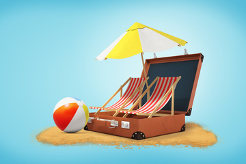 3d rendering of beach chairs and umbrella in open suitcase with rainbow beach ball and sand on blue background