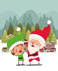 couple helpers with santa claus in snowscape