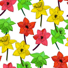 Vector Narcissus flower. Red, yellow and green engraved ink art. Seamless pattern. Fabric wallpaper print texture.