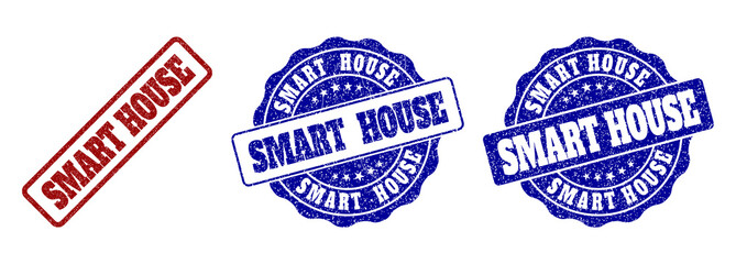 SMART HOUSE grunge stamp seals in red and blue colors. Vector SMART HOUSE signs with grunge surface. Graphic elements are rounded rectangles, rosettes, circles and text titles.