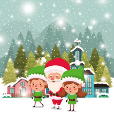couple helpers with santa claus in snowscape