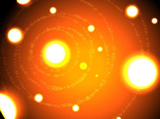Beautiful vector abstraction. Illustration of flying around the electric glowing spheres and rings. Red.