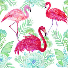 seamless pattern for textile design, flowers and birds Wallpaper, tropical pink Flamingo ornament, watercolor hand painting