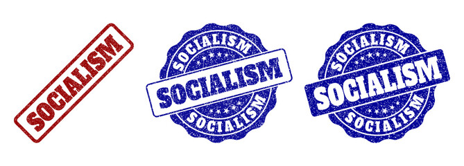 SOCIALISM grunge stamp seals in red and blue colors. Vector SOCIALISM signs with grunge texture. Graphic elements are rounded rectangles, rosettes, circles and text captions.