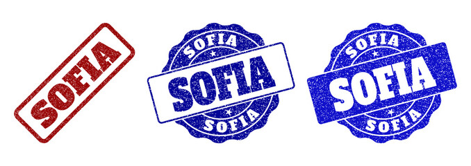 SOFIA grunge stamp seals in red and blue colors. Vector SOFIA watermarks with grunge surface. Graphic elements are rounded rectangles, rosettes, circles and text tags.